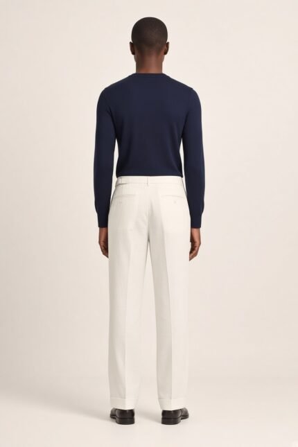 ASSANE, pantalon droit en lin et coton — vue de dos, poche boutonnée