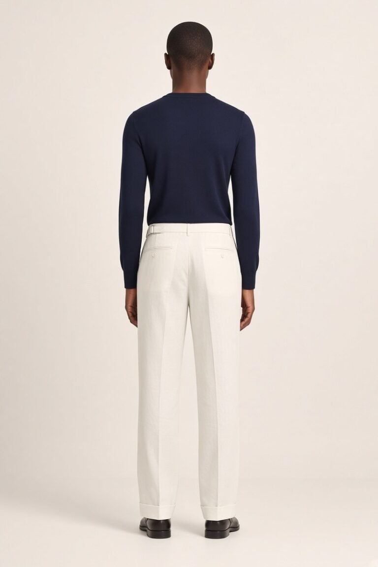 ASSANE, pantalon droit en lin et coton — vue de dos, poche boutonnée