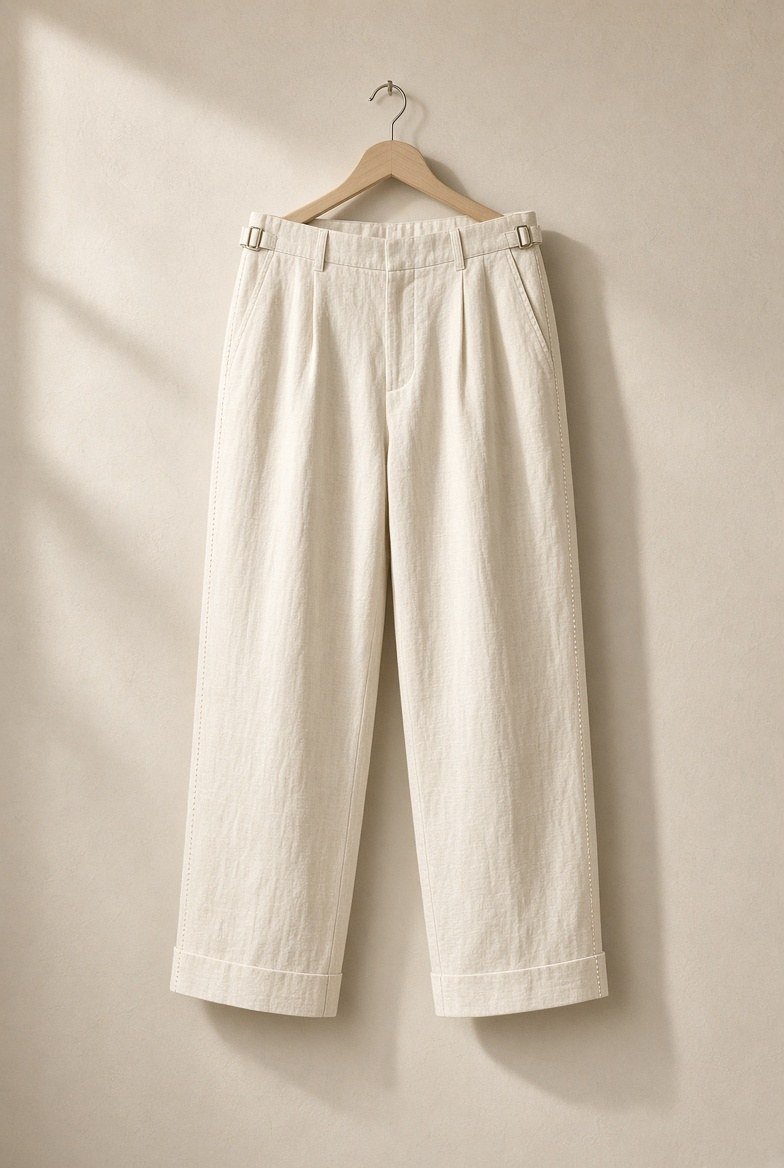 ASSANE — packshot ASSANE, pantalon droit en lin et coton blanc chaud de la collection ATLAS — vue principale