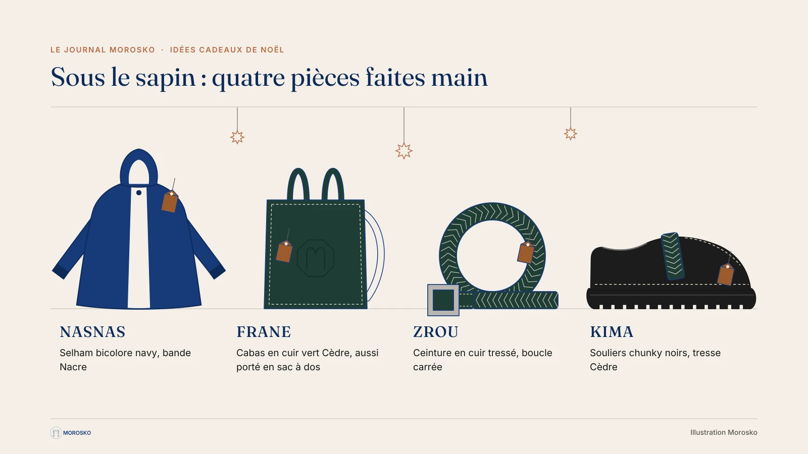 Illustration de cadeaux faits main : selham, cabas en cuir, ceinture tressée et souliers