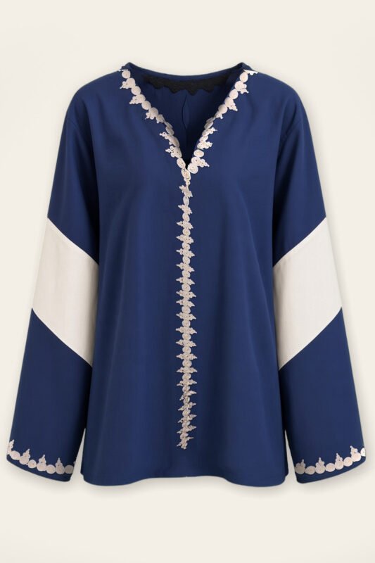 DRISSI, navy tunic with a V-neck and ecru embroidered trim, from the ATLAS collection handmade in Fès, front view