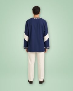 DRISSI, navy tunic worn, back view