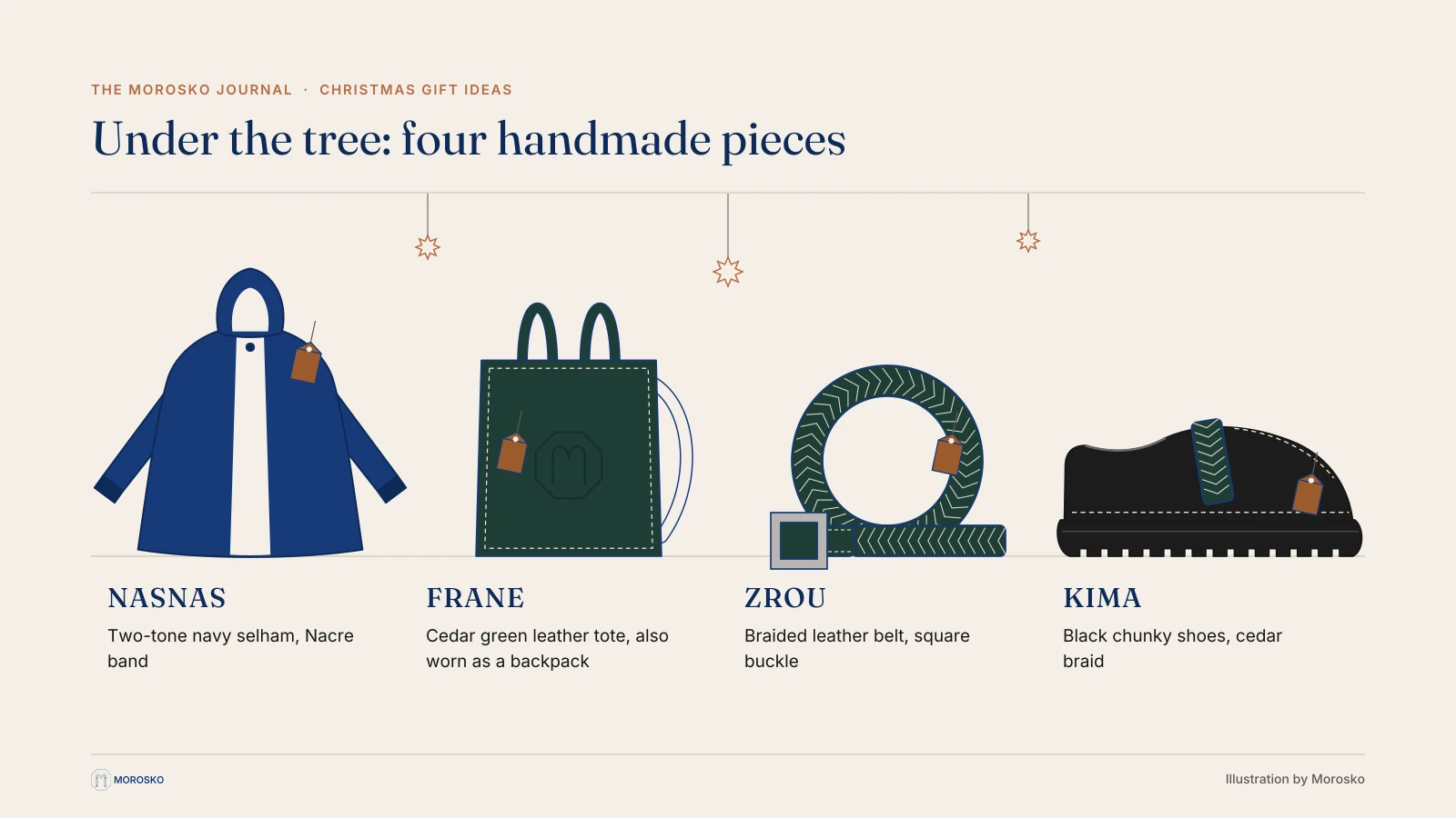 Illustration of handmade gifts: selham, leather tote, braided belt and shoes