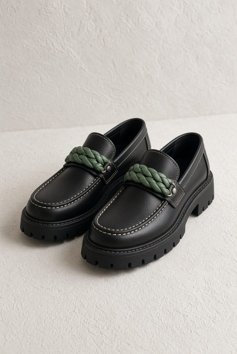 KIMA, soulier chunky en cuir noir à tresse vert Cèdre de la collection ATLAS — vue principale