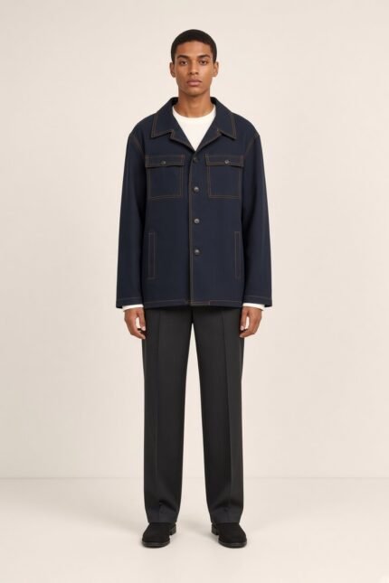 RARI, veste chore navy à surpiqûres ocre de la collection ATLAS — vue de face