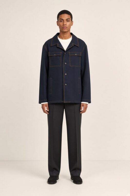 RARI, navy chore jacket with ochre topstitching, from the ATLAS collection handmade in Fès, front view