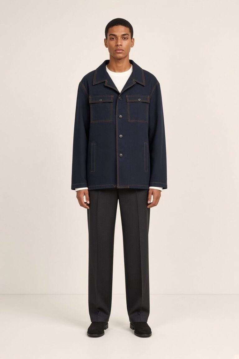 RARI, veste chore navy à surpiqûres ocre de la collection ATLAS — vue de face