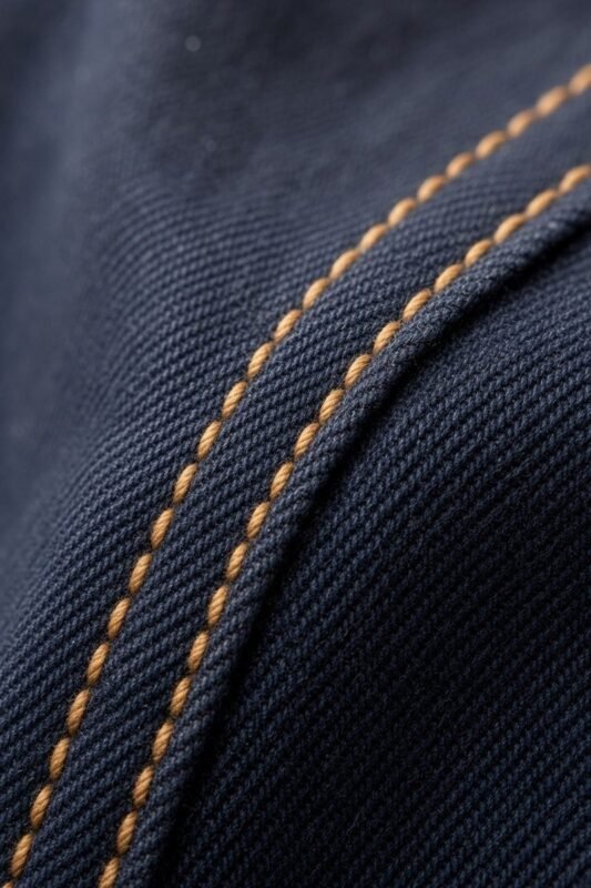Détail de surpiqûres ocre sur une veste de la collection ATLAS, faite main à Fès