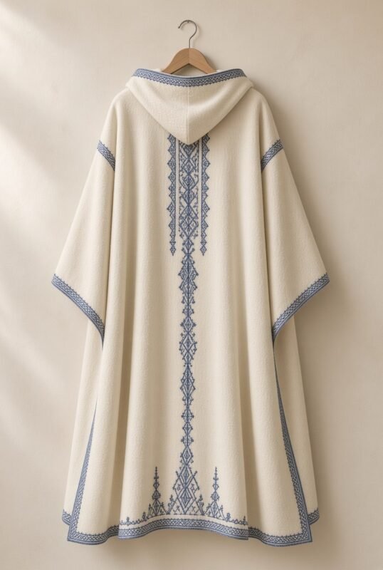 TROZE, ivory selham embroidered in indigo blue, from the ATLAS collection handmade in Fès, main view