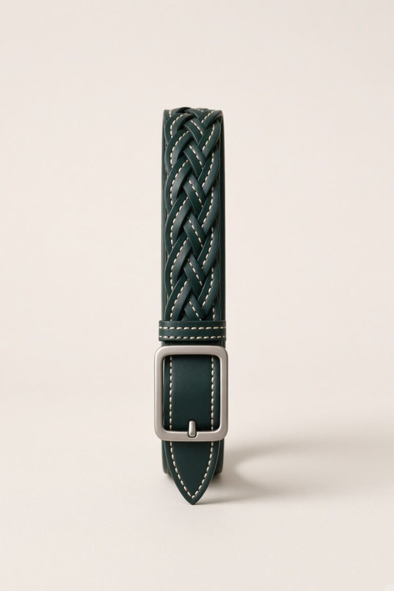 Ceinture tressée Cèdre, vue de profil, boucle carrée et embout pointu surpiqué